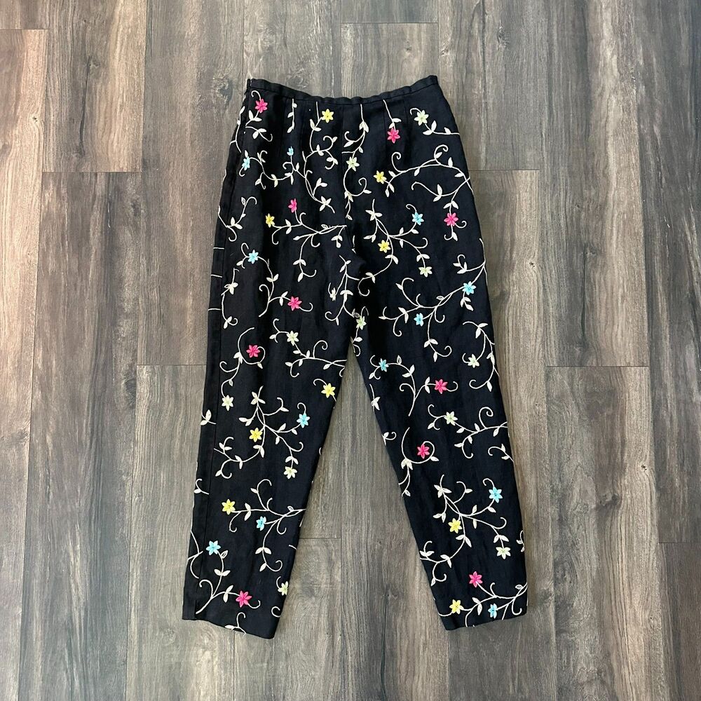 Vintage Talbots Irish Linen Pants Black Floral Vines Embroidered Women's Size 12